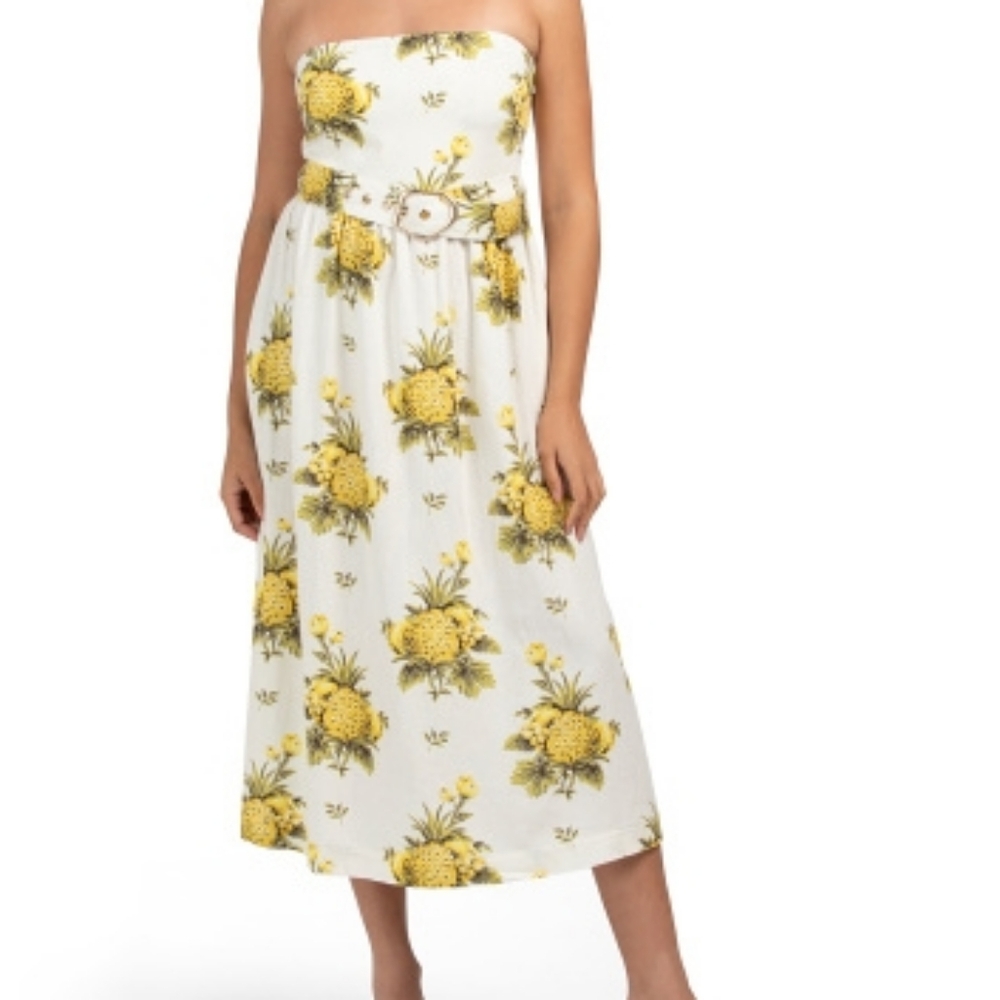 NWT - Tahari Linen Blend Pineapple Print Strap/Strapless Midi Dress - Size 14
